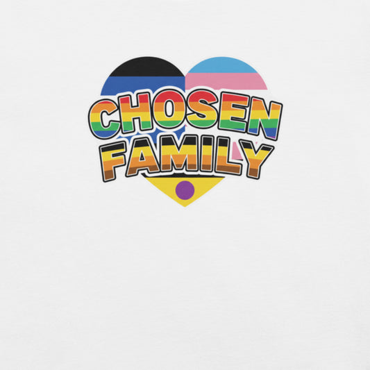 Chosen Family LGBTQ Pride shirt featuring rainbow flag heart graphic
